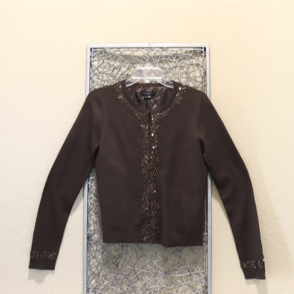 E C I New York Silk and Cashmere Beaded and Sequined Brown Cardigan